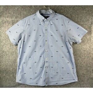 Daniel Cremieux Mens XL Shirt Blue White Plaid Button Up Short Sleeve Shark Fish